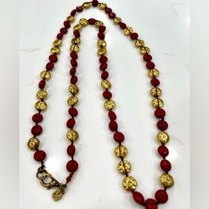Vintage Red and gold toned long stone and metal necklace
